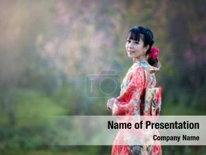 Asian Woman Wearing Traditional Japanese Kimono PowerPoint Template