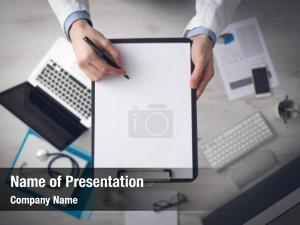 Medical doctor writing records blank PowerPoint Template