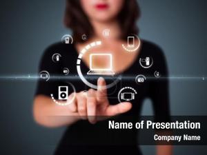 Businesswoman Pressing a Button on Virtual Screen PowerPoint Template