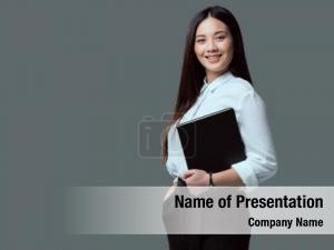 Asian beautiful young businesswoman holding PowerPoint Template