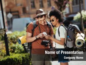 Tourists young couple smartphone looking PowerPoint Template