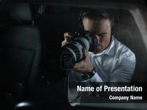 Private focused male detective headphones PowerPoint Template