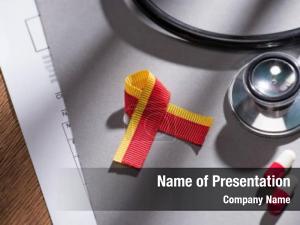 Ribbon, selective focus stethoscope, pills PowerPoint Template