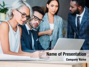 Businesspeople young multicultural working project PowerPoint Template