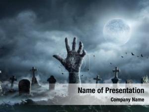 Rising zombie hand out graveyard PowerPoint Template