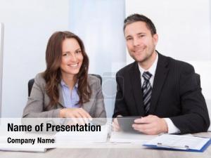 Businesspeople two young calculating bills PowerPoint Template