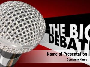 The Big Debate words next to a microphone to illustrate a televised or radio discussion, arguement or dispute between two or more parties, people or political candidates