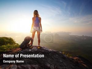 Woman hiker on a top of a mountain  PowerPoint Template