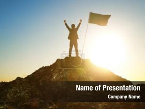 Business, success, leadership, achievement and people concept - silhouette of businessman with flag on mountain top over sky and sun light 