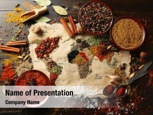 Map of world made from different kinds of spices on wooden  PowerPoint Template