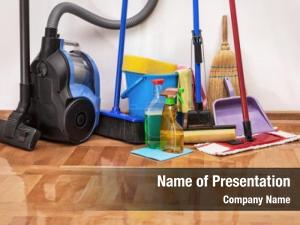 House cleaning -Cleaning accessories on floor room PowerPoint Template