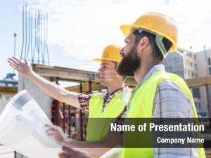 Building under construction with workers PowerPoint Template