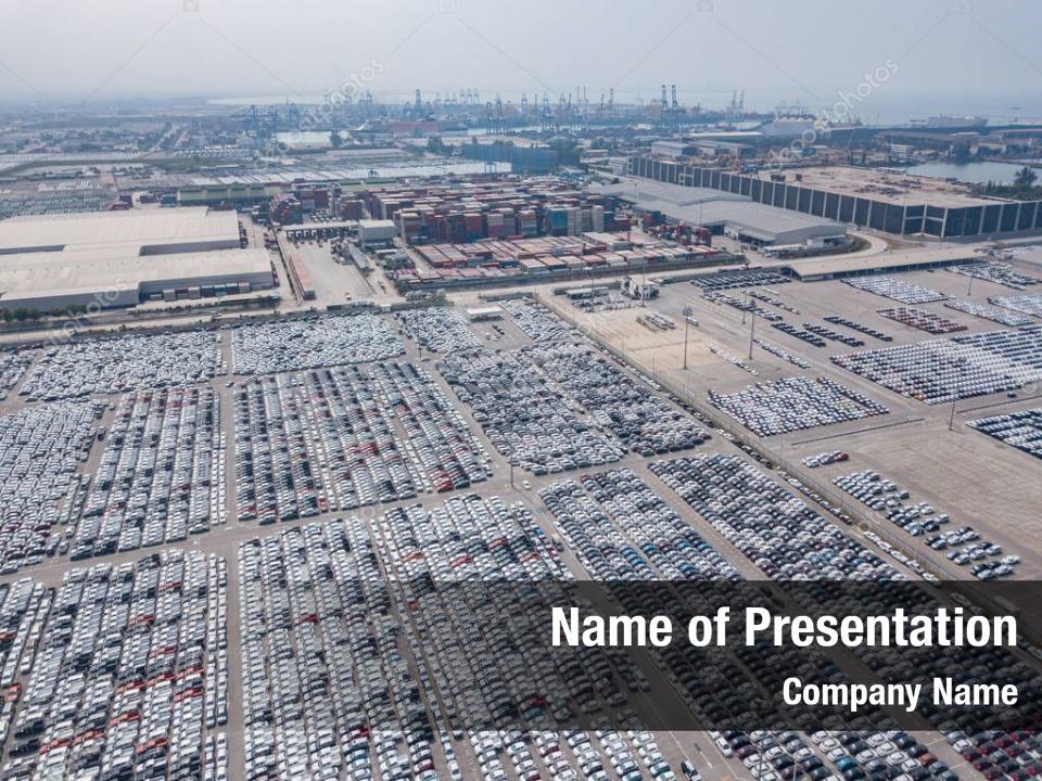 Aerial view new cars lined up in the port 