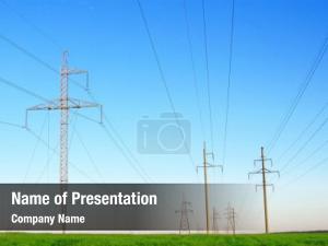 Row of power lines against a blue sky