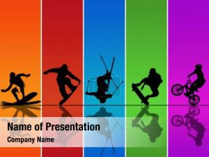 Silhouettes active sports over rainbow PowerPoint Template