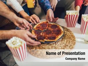 Friends hands colleague eating pizza