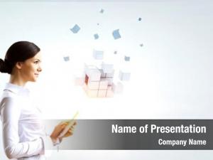 Tabalet businesswoman holding cube puzzle