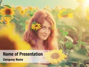 Woman beautiful red haired sunflowers girl
