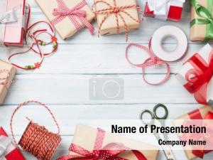 Boxes christmas gift wooden table PowerPoint Template