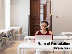 College serious asian girl headphones PowerPoint Template