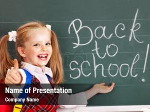 Backpack happy child writting blackboard PowerPoint Template