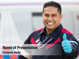 Medical cheerful emergency technician giving