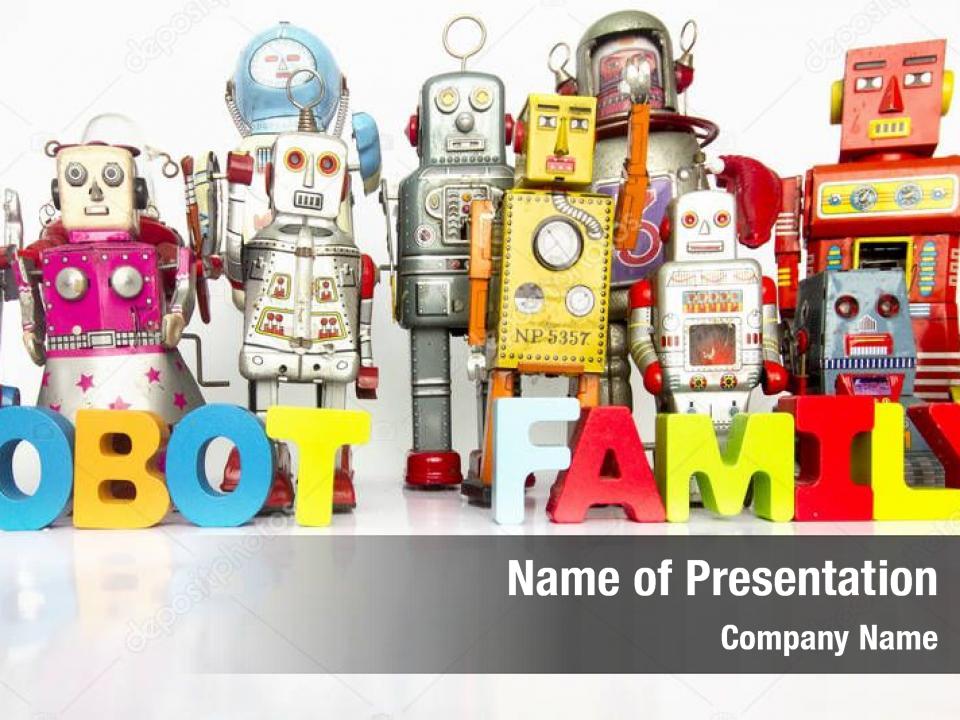 Gran familia de robots con las palabras 