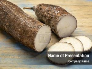 Root yuca cassava slices wooden