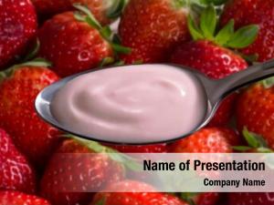 Cream strawberry yogurt spoon blurred