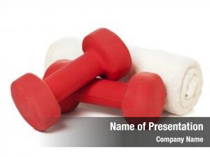 Rolled red dumbbells towel white