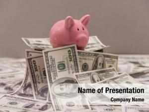 Dollar close up view banknotes piggy PowerPoint Template