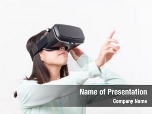 Device woman using finger pointing PowerPoint Template