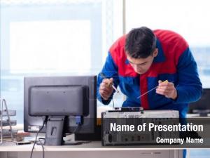 Specialist computer repairman repairing computer PowerPoint Template