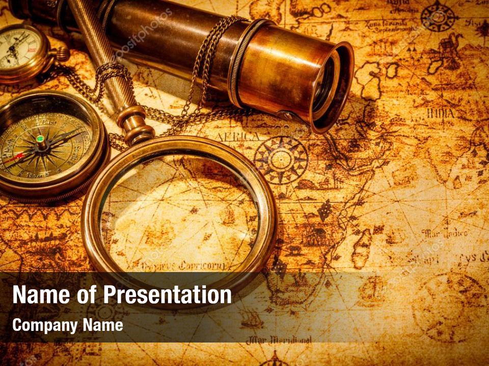 Vintage compass magnifying PowerPoint Template Vintage compass