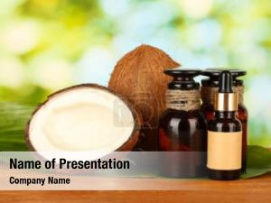 Bottles coconut oil coconuts green