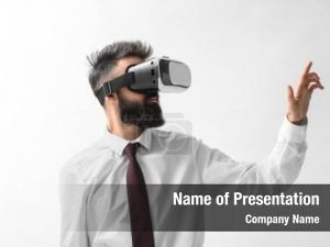 Virtual businessman wearing reality glasses PowerPoint Template