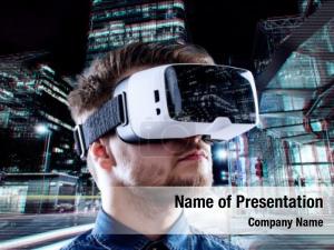 Virtual man wearing reality goggles PowerPoint Template