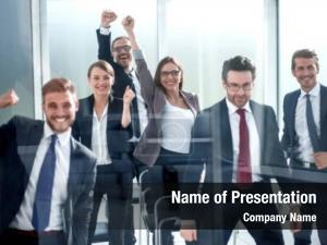 Team triumphant business standing conference PowerPoint Template