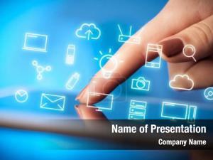 Hands Touching Tablet with Technology Icons PowerPoint Template