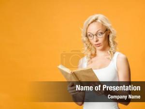 Woman surprised blonde glasses reading