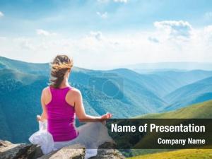 Meditate young woman top mountain PowerPoint Template