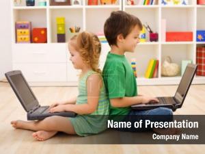 Sitting kids laptops floor computer PowerPoint Template