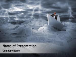 Lost Alone Businessman Sailing in Stormy Papers Sea