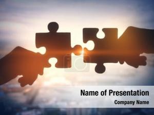 Puzzle Pieces on City Background PowerPoint Template