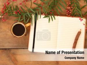 Open Notebook with Cup of Coffee on Wooden Desk PowerPoint Template