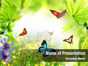Green Leaf with Flowers and Butterflies PowerPoint Template