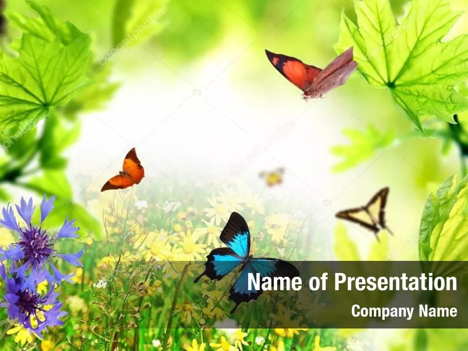 Green Leaf with Flowers and Butterflies