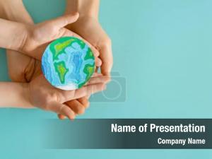 Teal World In Hands PowerPoint Template